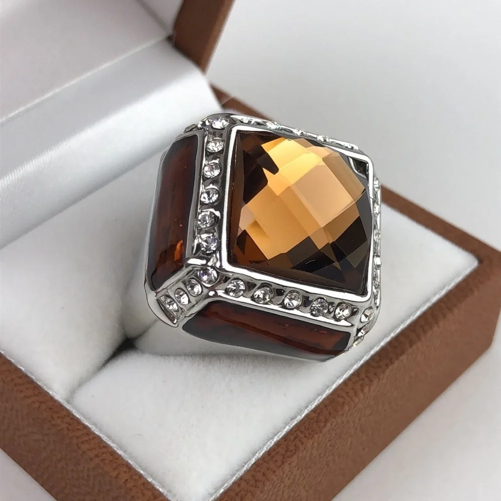 Smoky Quartz Ring Men's Size 8 Square Simulated Stones Faceted Silver Tone Band